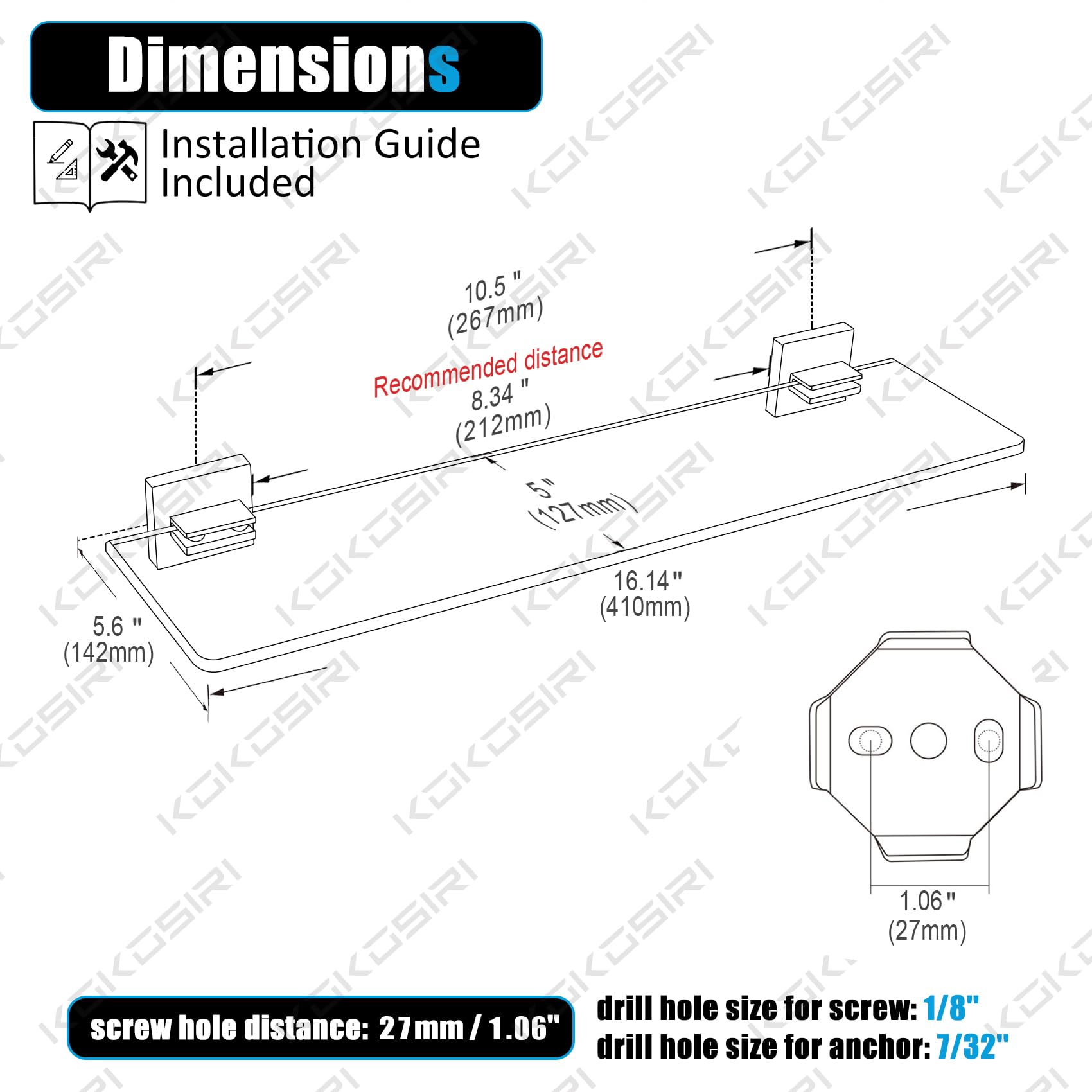 KOKOSIRI Wall Shelves Floating Bathroom Glass Shelf for Kitchen Storage, 16'' x 5.6'' Tempered Glass Wall Mounted Polished Stainless Steel B1106CH-L16