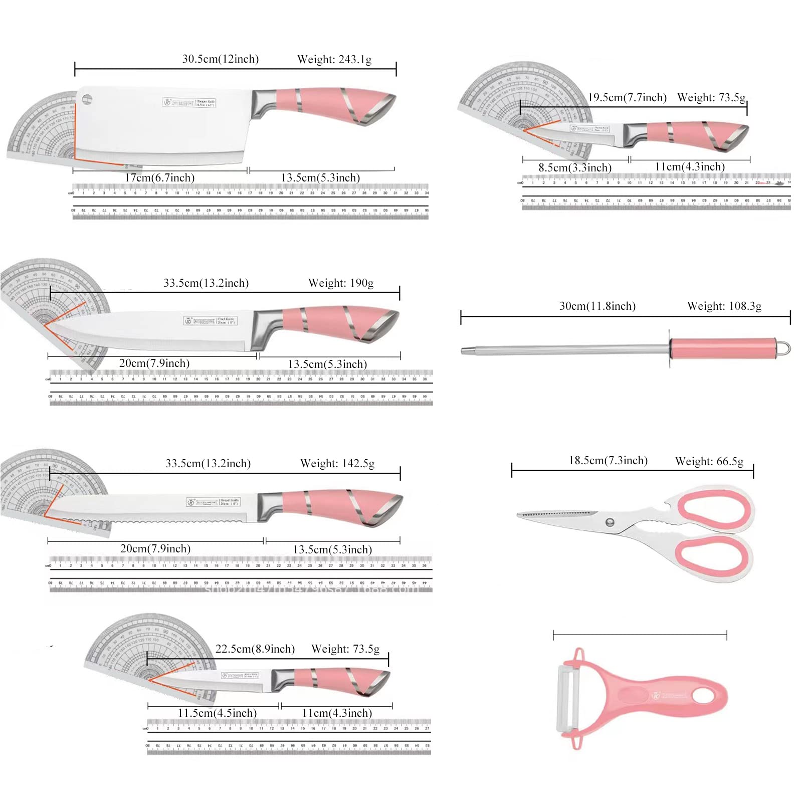 Kitchen Knife Set, 9-Piece Pink Kitchen Knife Set with Acrylic Block, Non Stick Sharp High Carbon Stainless Steel Knife Set for Kitchen Cutting Meat Slicing Chopping Kitchen Gifts for Women (Pink)