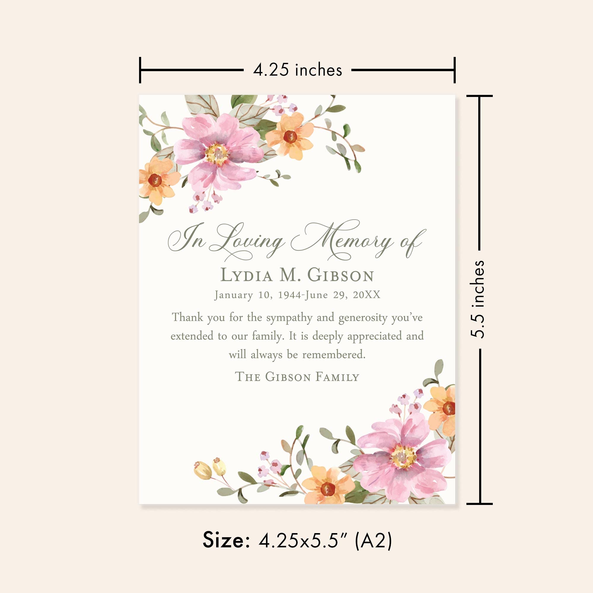 Hello Love Goods Soft Pink and Orange Floral Sympathy Thank You Cards, 4.25x5.5 Flat Personalized Funeral Thank You Cards with Envelopes