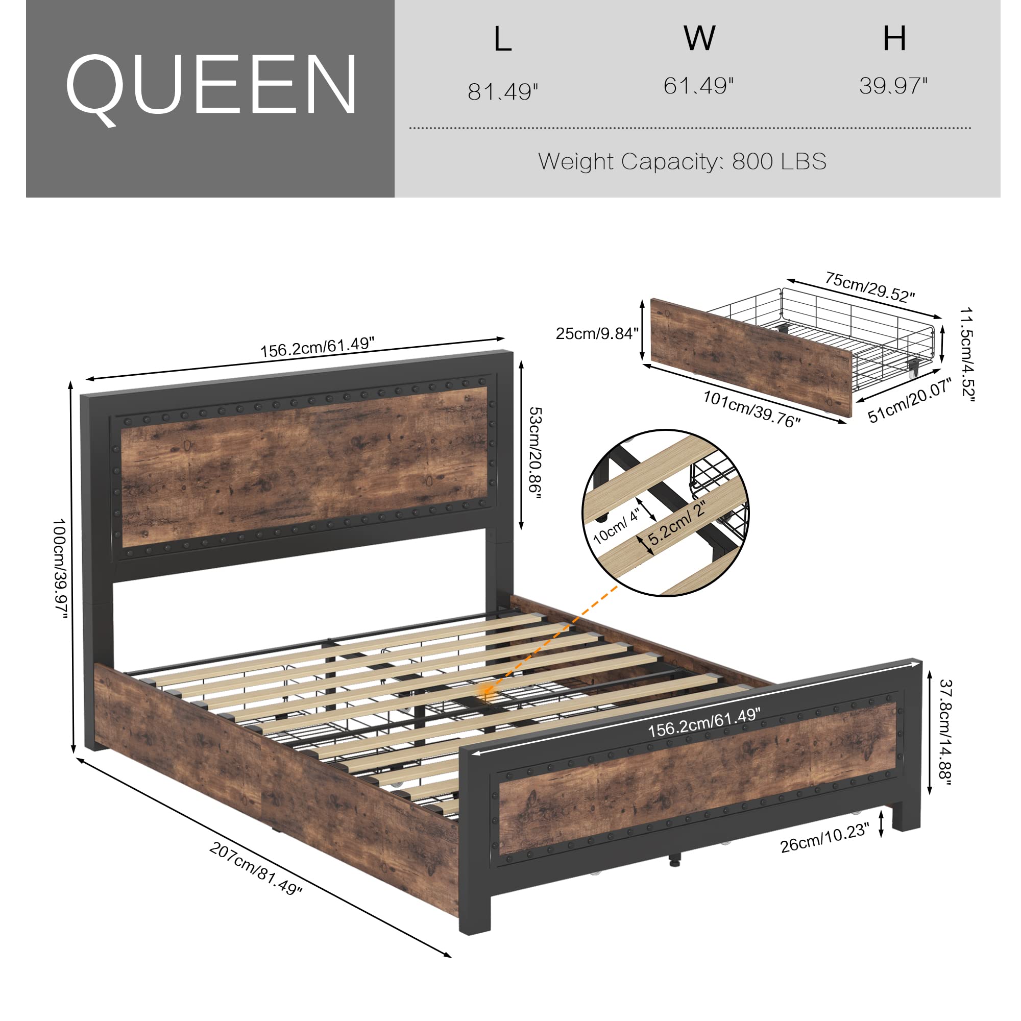 Keyluv Queen Bed Frame with 4 Storage Drawers, Rivet Modern Headboard and Footboard Platform Bed with Solid Wood Slats Support, No Box Spring Needed, Metal, Mattress Foundation Noise-Free