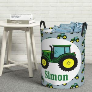 Green Farm Tractor Tractor Customized Laundry Basket Clothes Hamper with Name Collapsible Waterproof Large Capacity Organizer Storage for Living Room.