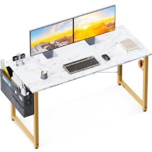 odk computer desk large office desk, 48 inch writing desk with storage, modern pc desk work table with headphone hook for home office, white marble + gold leg