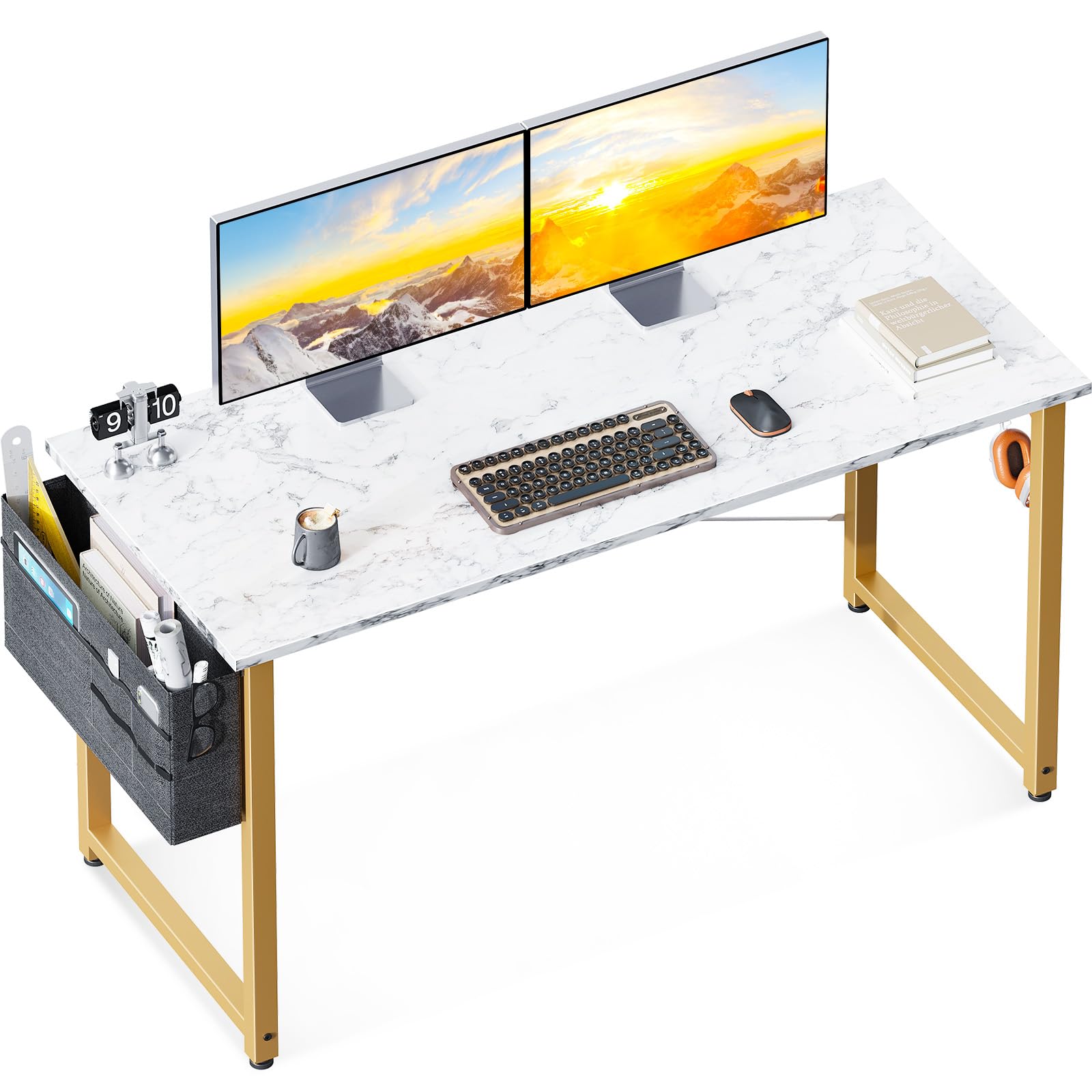 ODK Computer Desk Large Office Desk, 48 Inch Writing Desk with Storage, Modern PC Desk Work Table with Headphone Hook for Home Office, White Marble + Gold Leg