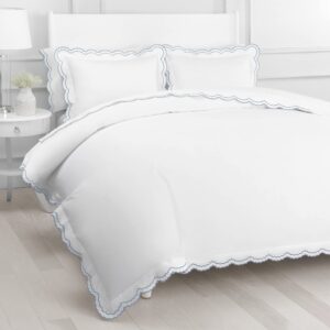 Double Scalloped Percale Weave Embroidered King Size White Duvet Set 300 Thread Count 100% Cotton - Cool Crisp - Luxury Hotel Bedsheet - Oeko Tex Certified Deep Pocket - Blue Piping on Edges