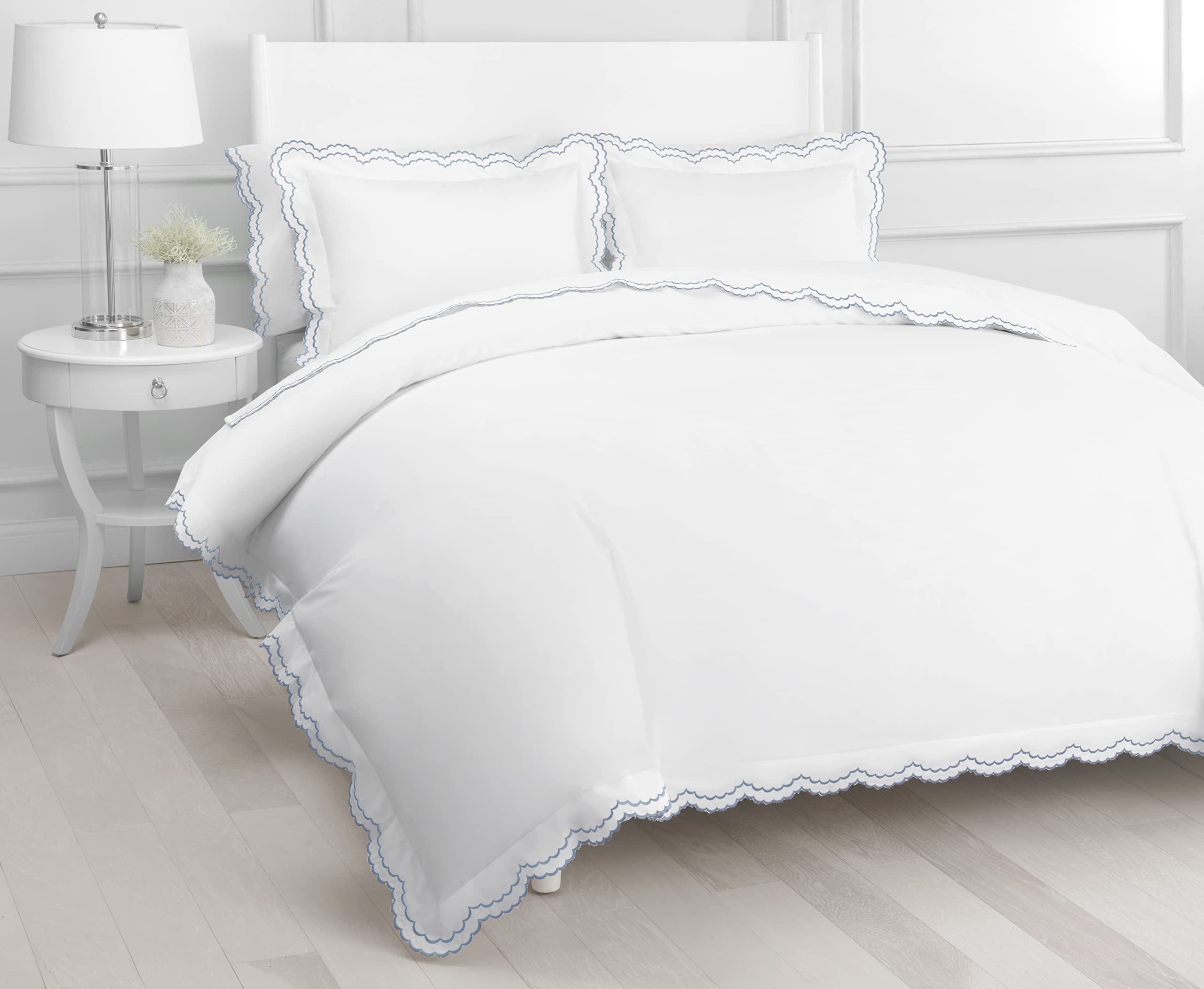 Double Scalloped Percale Weave Embroidered King Size White Duvet Set 300 Thread Count 100% Cotton - Cool Crisp - Luxury Hotel Bedsheet - Oeko Tex Certified Deep Pocket - Blue Piping on Edges