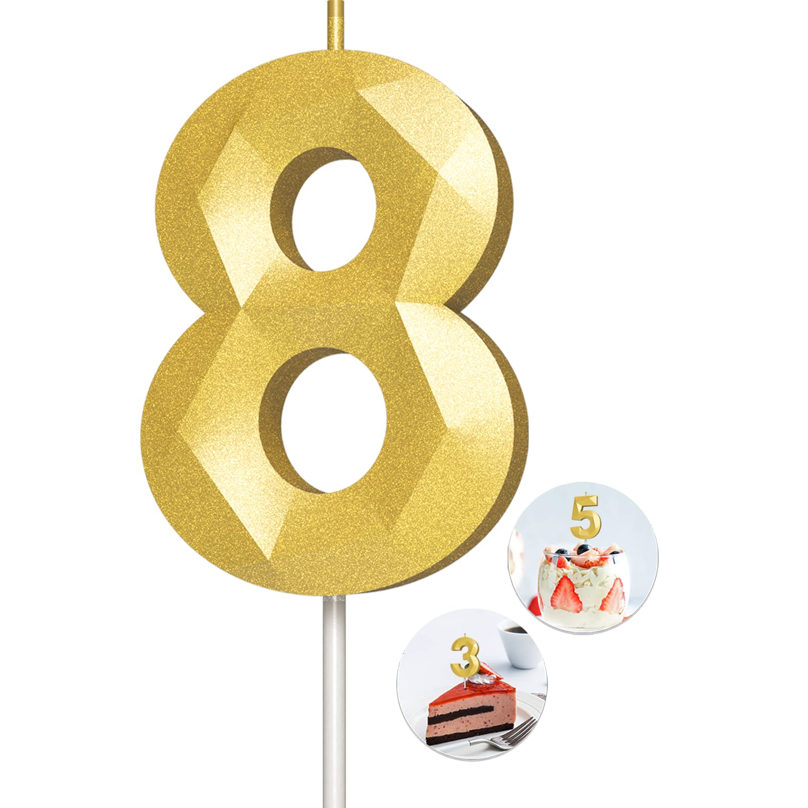 Number Birthday Candles(8 Candle Gold) 3D Diamond Shape Number Happy Birthday Cake Candles for Birthday Party Wedding Decoration Reunions Theme Party