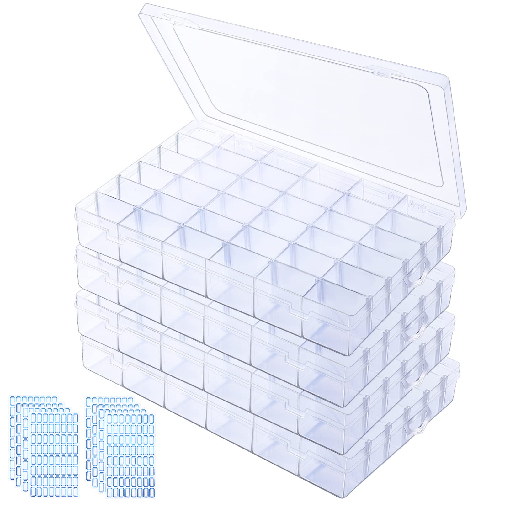 PLMMOUT 4 Pack Clear Plastic Organizer Box,36 Grids Clear Bead Organizer with Adjustable Divider for Bead Art DIY Craft Jewelry Fishing with 512 Label Stickers