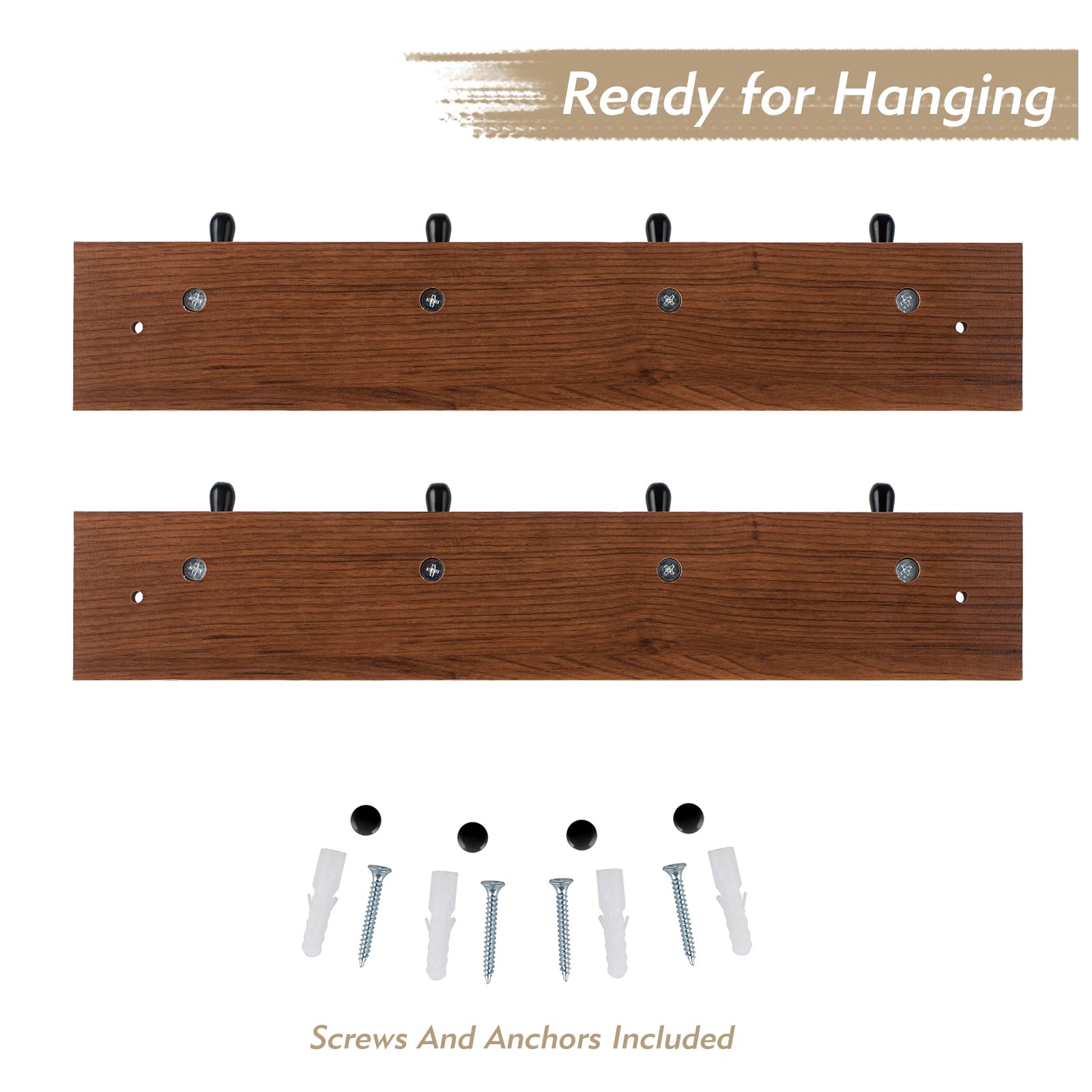 DOKEHOM [2 Pack 4-Black Hooks on Walnut Color Board Wall Mounted Coat Hook Rack Hanger