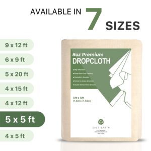 Canvas Drop Cloth by Salt Earth, Pack of 1 Reusable Paint Drop Cloth, 100% Recycled Cotton, All Purpose Painters Drop Cloth, Cotton Canvas Tarp Cover for Painter Furniture & Floor Protection (5x5 FT)