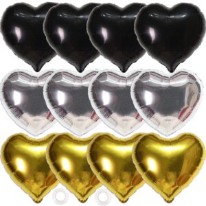 12pcs black gold silver balloons for birthday decorations,18'' big balloons for graduation wedding anniversary party new years decorations 2024, love heart mylar balloons party decorations