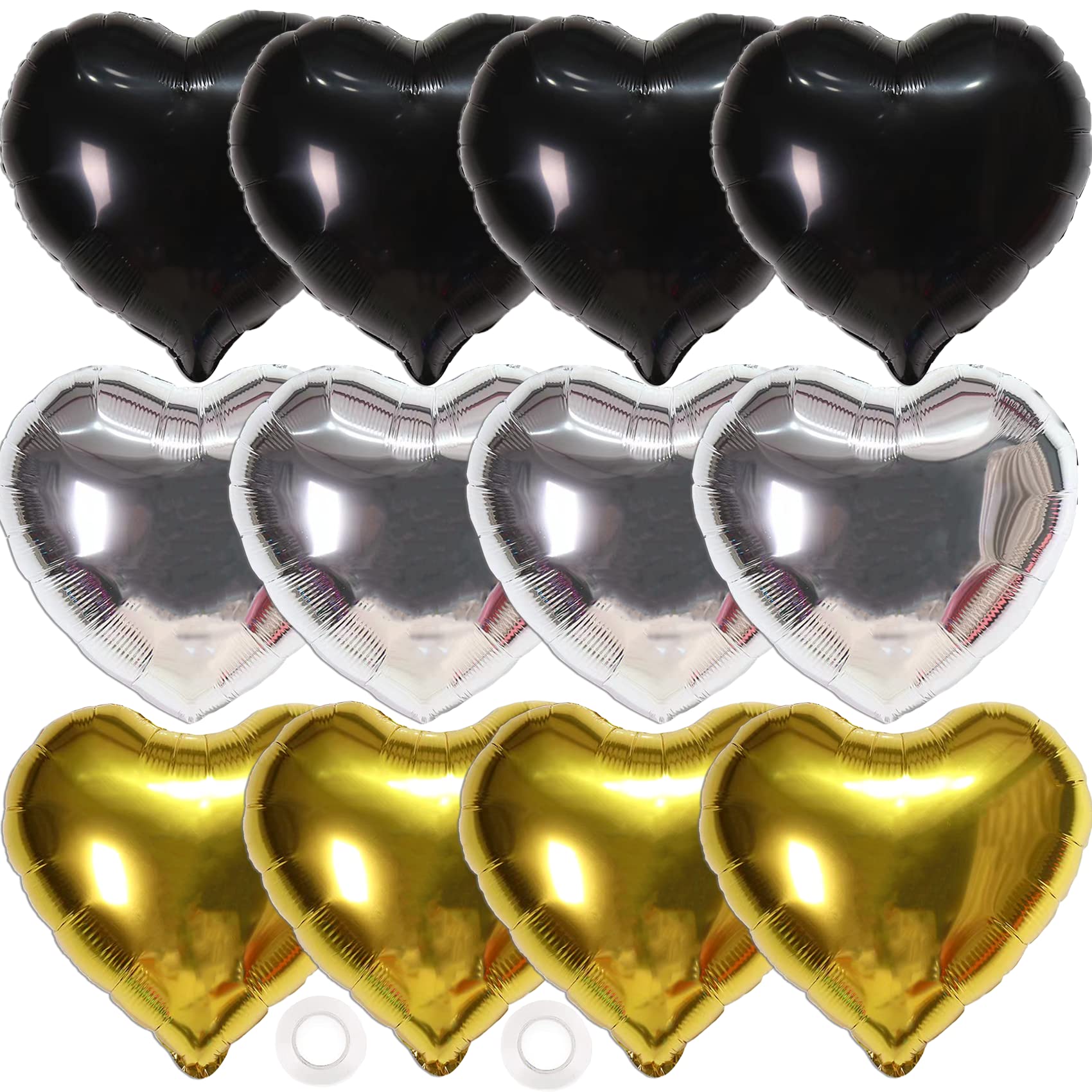 12Pcs Black Gold Silver Balloons for birthday Decorations,18'' Big Balloons for Graduation Wedding Anniversary Party New Years Decorations 2024, Love Heart Mylar Balloons Party Decorations