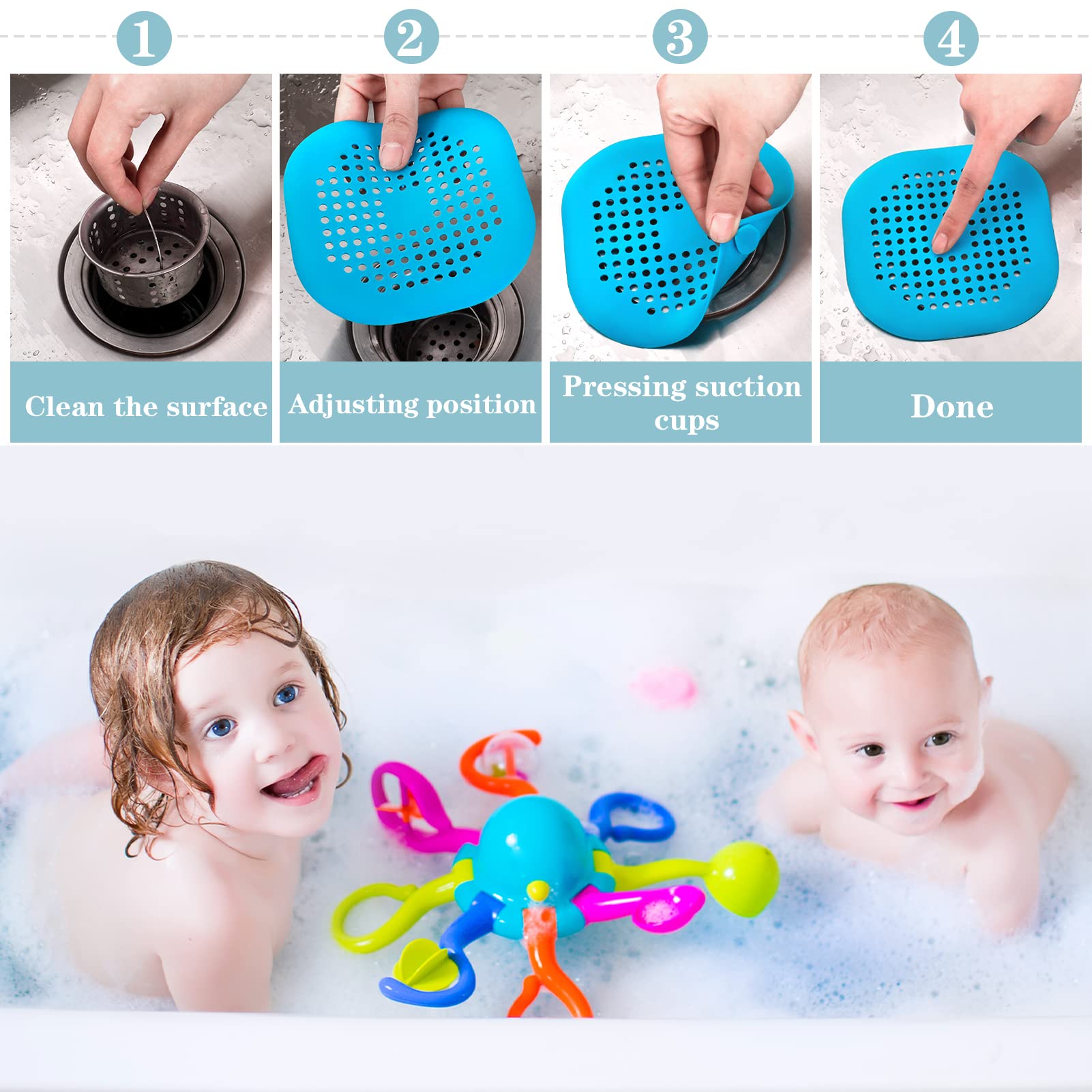 Shower Drain Hair Catcher, Durable Silicone Shower Drain Covers Hair Stopper with Suction Cup, Easy to Install Suit for Bathroom,Bathtub and Kitchen 3PACK (White)