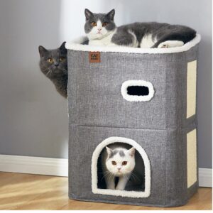 CATBOAT 2-Storey Cat House for Indoor Cats Bed, Covered Cat Beds & Furniture with Scratch Pad and Hideaway Cave, Cute Modern Cat Condo for Multi Small Pet Large Kitten Kitty, Grey