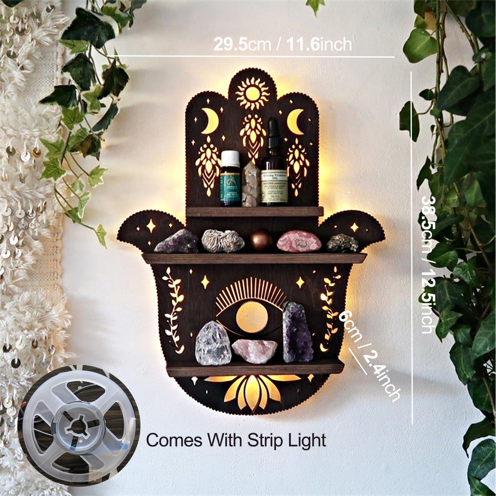 HBSGS Crystal Display Shelf Wall Shelf Cat Moon Shelves Moth Hamsa Hand Holder Floating Wall Mounted Decorative Crystal Wall Shelf (Palm-38.5 * 29.5cm/15 * 11.6inch)