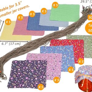 50 Pieces% 100 Cotton Flowered and Checkered Mix Pattern Fabric Jar Cover Cloth- 6.7'' Jar Cover Cloth With 50 Pieces Beaded Jute Rope