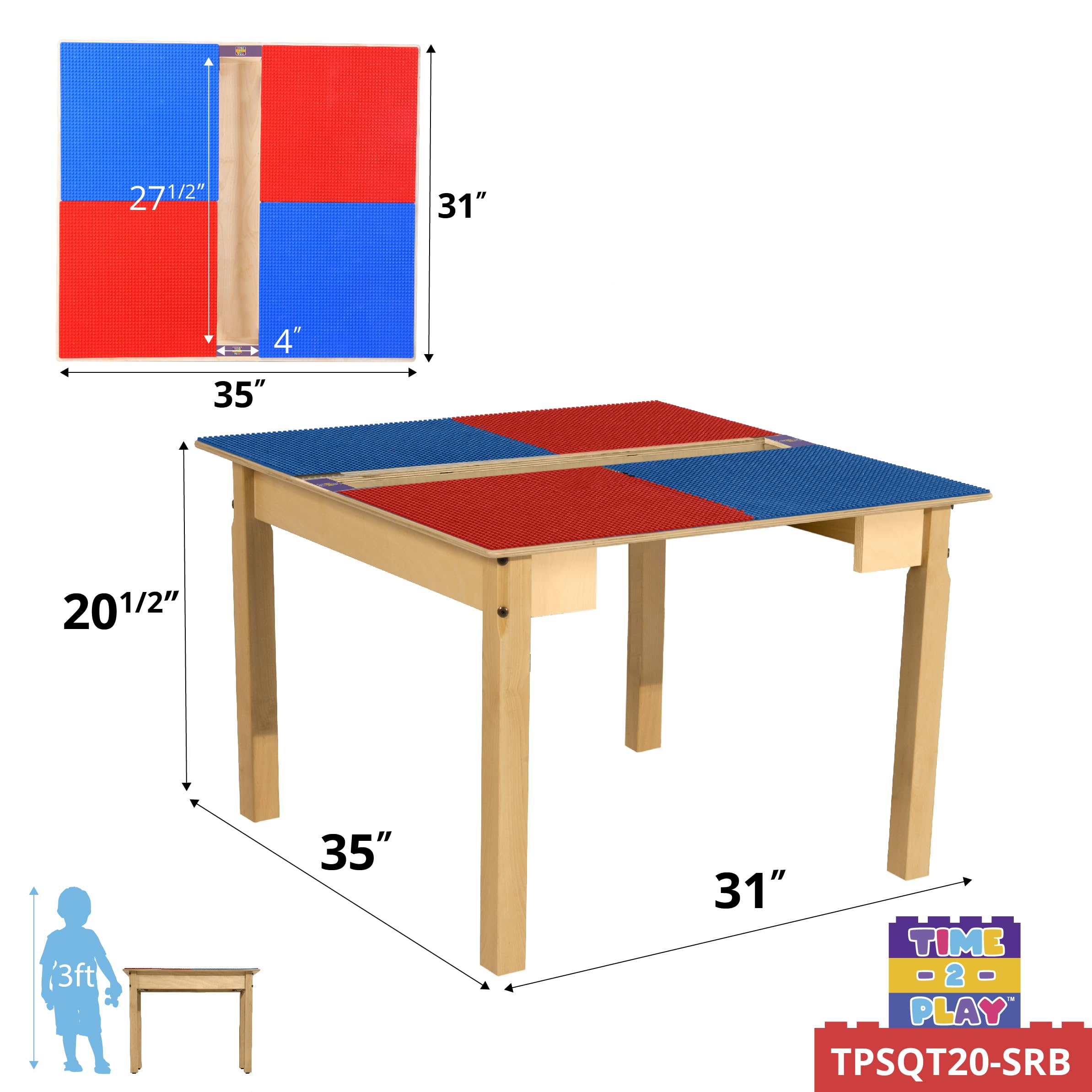 Contender Time-2-Play Kids Activity Play Table, Compatible with Lego Bricks, Extra Sturdy Birch Plywood, 35" W X 31" D, Blue & Green, 20" Legs for Ages 4-7