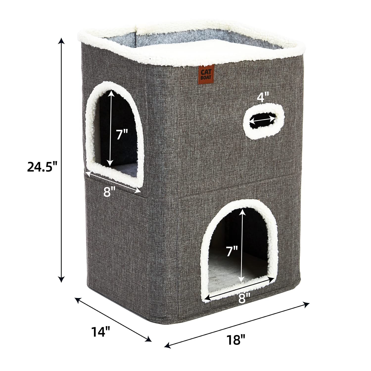 CATBOAT 2-Storey Cat House for Indoor Cats Bed, Covered Cat Beds & Furniture with Scratch Pad and Hideaway Cave, Cute Modern Cat Condo for Multi Small Pet Large Kitten Kitty, Grey