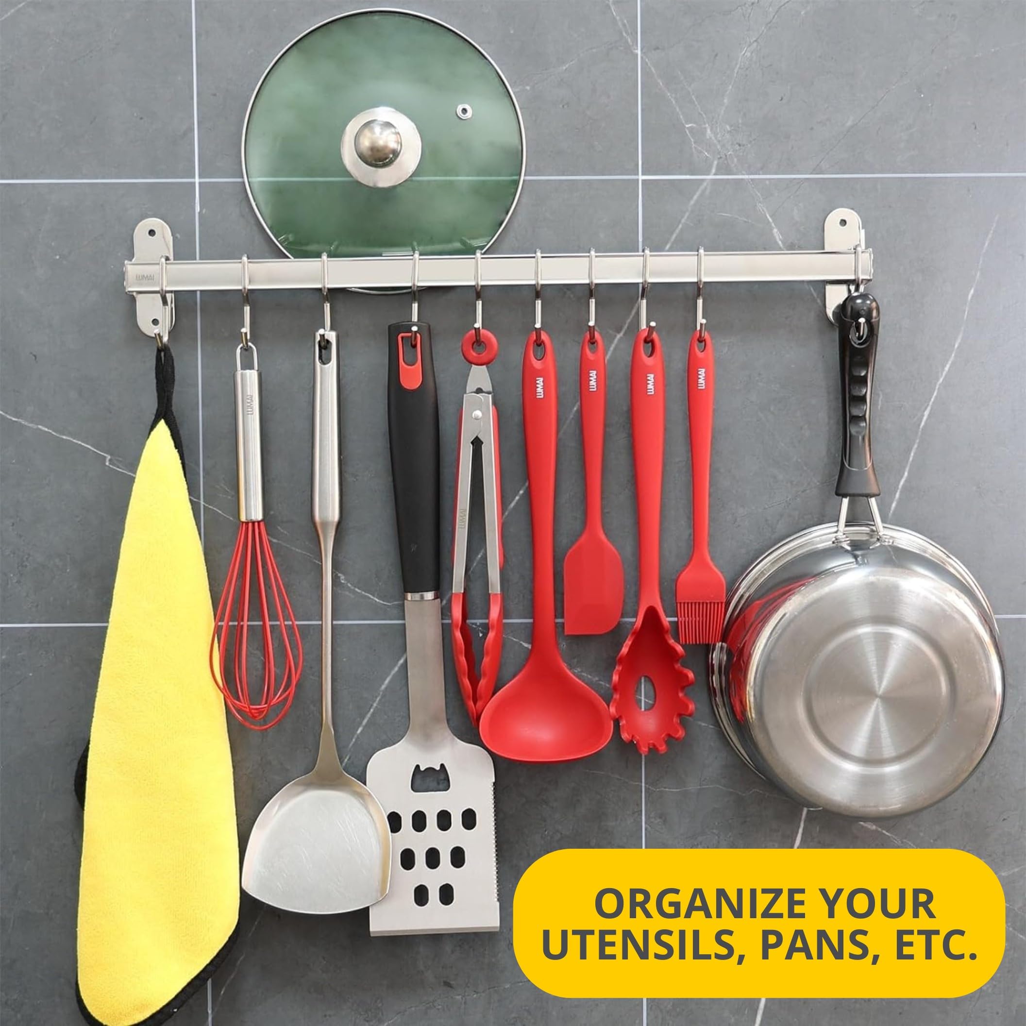 LUMAI Kitchen Rail with Hooks (10 hooks): Utensil Rack, Kitchen Utensil Hanger, Pot and Pan Hanging Rack, Pot Hangers for Kitchen, Pot Rack Wall Mounted, Pot Rack Hanging, Pan Hanger, Wall Pot Rack