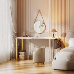 ODK Computer Desk Large Office Desk, 48 Inch Writing Desk with Storage, Modern PC Desk Work Table with Headphone Hook for Home Office, White Marble + Gold Leg