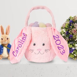 Personalized Easter Candy Basket with Embroidered Name - Custom Bunny Plush Tote Bag Easter Baskets for Kids - Egg Bucket Goodies Bags for Easter - Cute Easter Gift Carrying Buckets- Pink