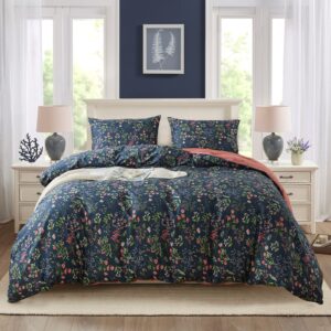 newlake cotton duvet cover queen size - soft breathable duvet cover set 3 pieces with zipper closure, 1 duvet cover 90x90 inches and 2 pillow shams, navy classic floral pattern