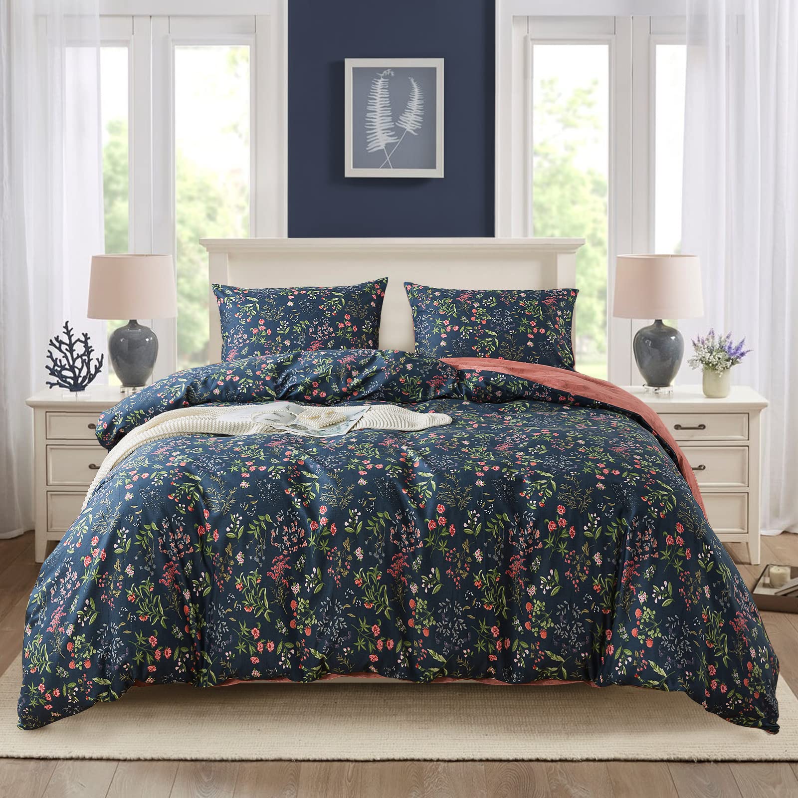 NEWLAKE Cotton Duvet Cover Queen Size - Soft Breathable Duvet Cover Set 3 Pieces with Zipper Closure, 1 Duvet Cover 90x90 Inches and 2 Pillow Shams, Navy Classic Floral Pattern