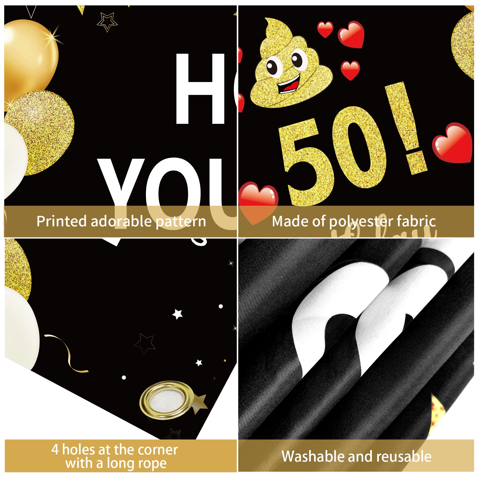 Funny 50th Birthday Banner Decorations for Men Women, Black Gold Happy 50 Birthday Banner Sign Party Supplies, Fifty Birthday Photo Booth Background for Outdoor Indoor