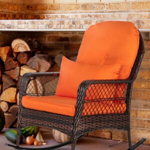 Outvita Rocking Chair, Outdoor PE Rattan Rocking Chair with Soft Orange Cushion and Pillow for Patio, Porch, Poolside, Living Room