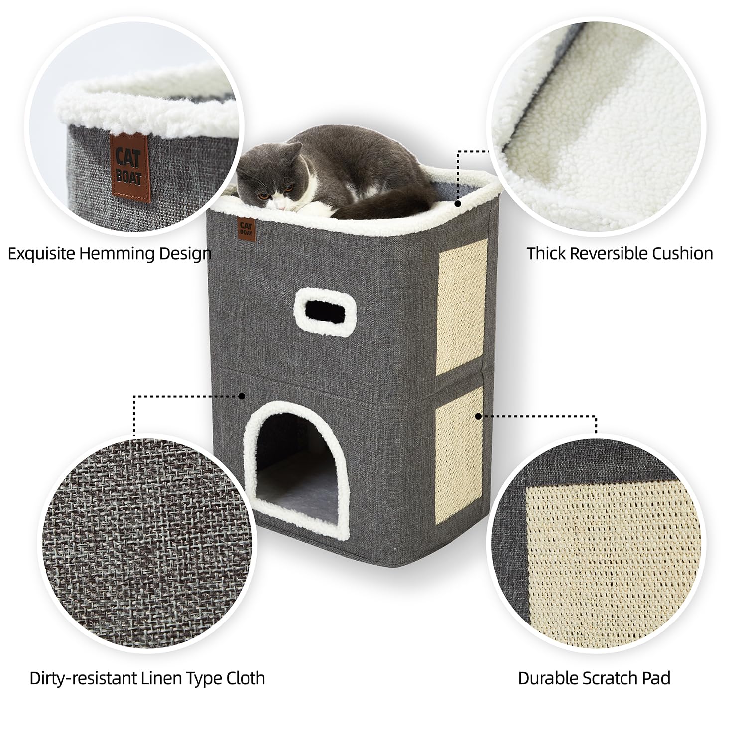 CATBOAT 2-Storey Cat House for Indoor Cats Bed, Covered Cat Beds & Furniture with Scratch Pad and Hideaway Cave, Cute Modern Cat Condo for Multi Small Pet Large Kitten Kitty, Grey