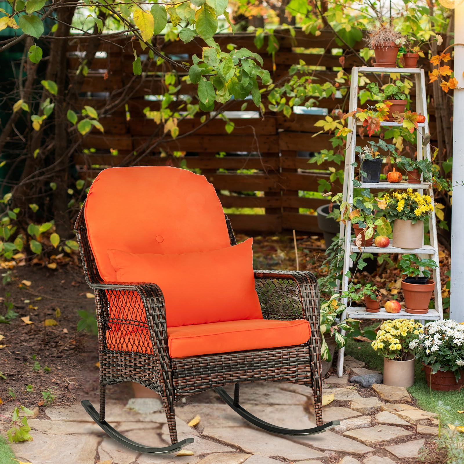 Outvita Rocking Chair, Outdoor PE Rattan Rocking Chair with Soft Orange Cushion and Pillow for Patio, Porch, Poolside, Living Room