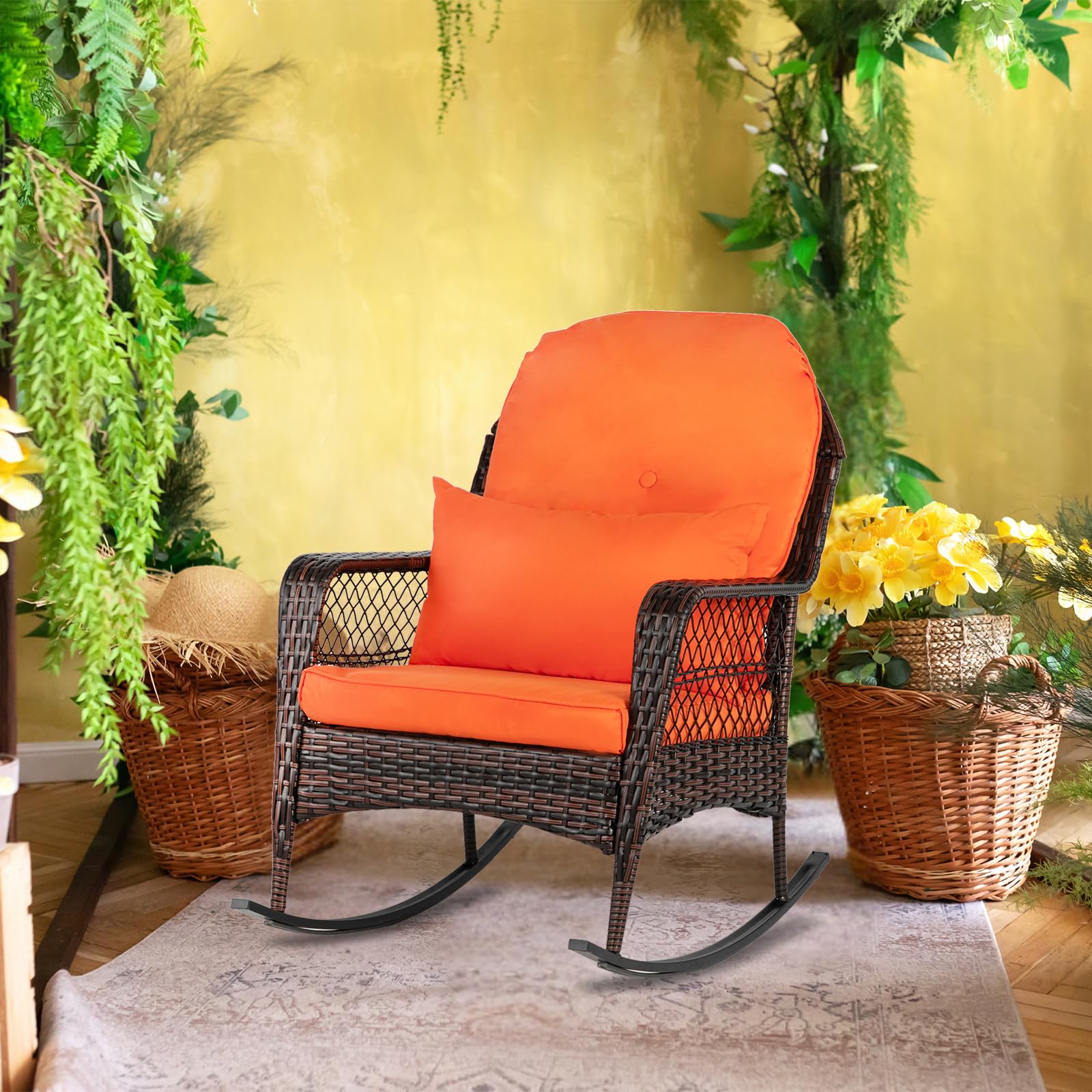 Outvita Rocking Chair, Outdoor PE Rattan Rocking Chair with Soft Orange Cushion and Pillow for Patio, Porch, Poolside, Living Room