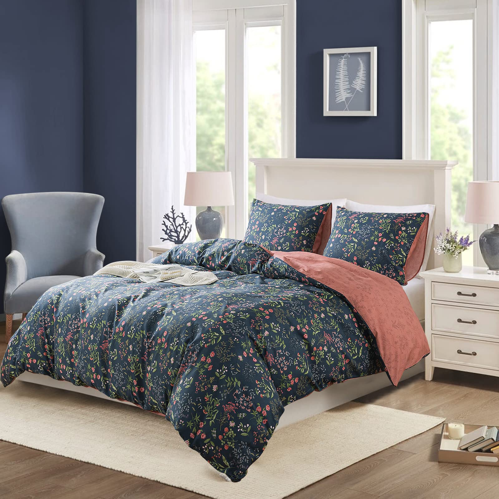 NEWLAKE Cotton Duvet Cover Queen Size - Soft Breathable Duvet Cover Set 3 Pieces with Zipper Closure, 1 Duvet Cover 90x90 Inches and 2 Pillow Shams, Navy Classic Floral Pattern