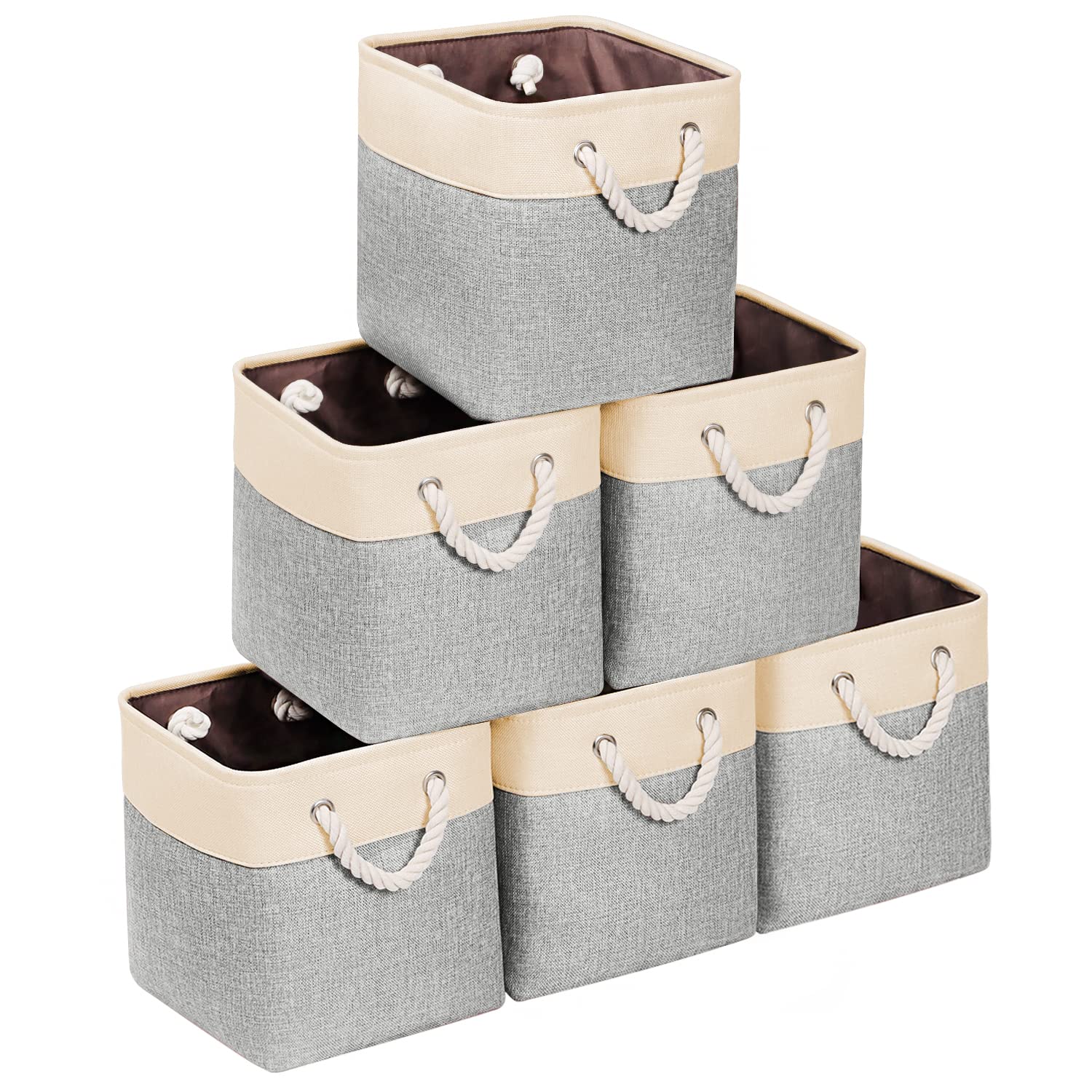 Univivi 10.5x10.5x11 Inch Fabric Storage Cube Baskets 6 Pack Storage Bins with Hard Bottom|Handles for Shelf,Closet Baskets for Cube Organizer (Beige & Grey)