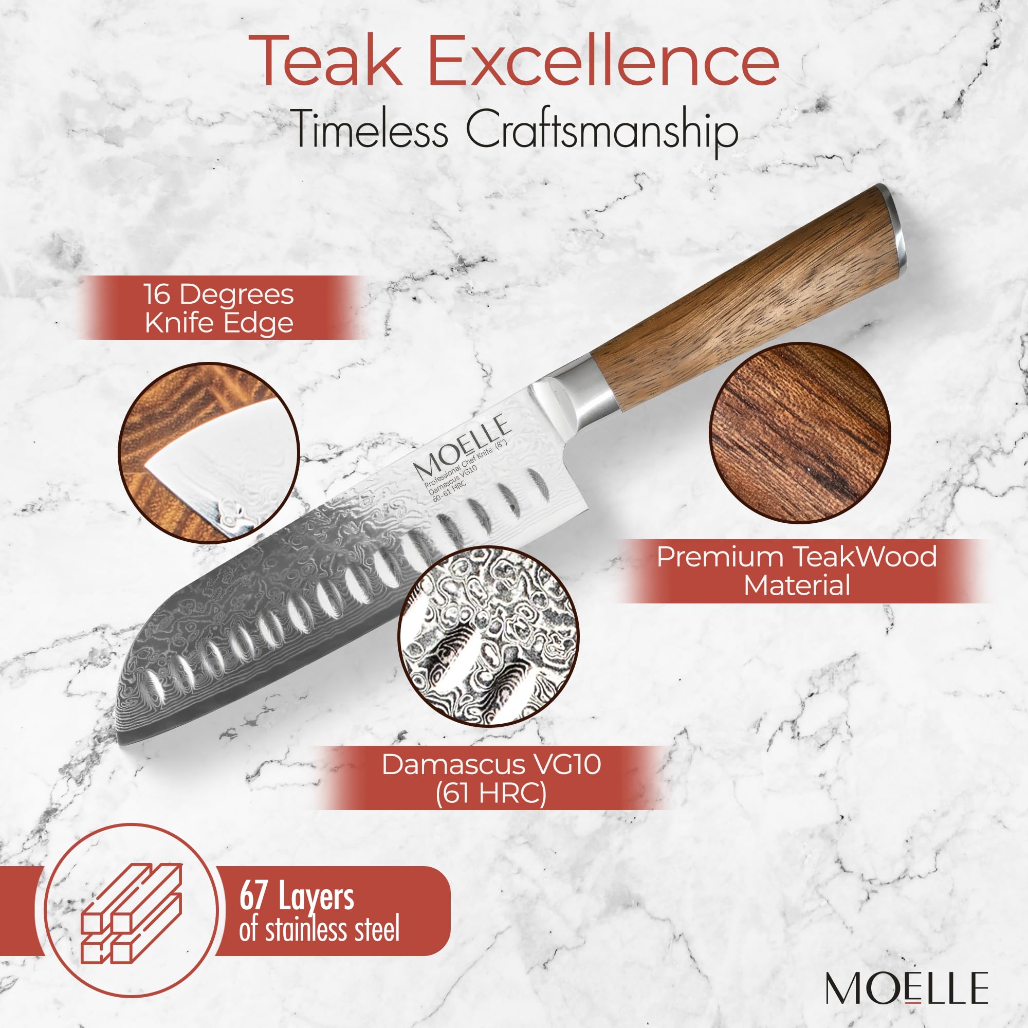 MOELLE Professional 7-Inch Kitchen Knives, Damascus Steel Blade, Sharp Chef's Knife with Sustainable Teak Wood Handle, Danish Design Chef Knives for Cooking - Gift Box Ready