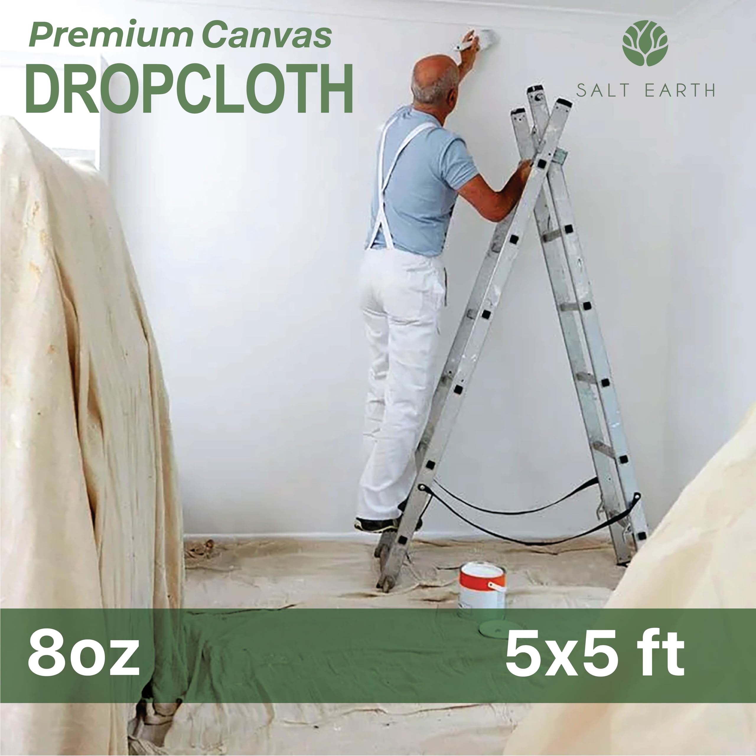 Canvas Drop Cloth by Salt Earth, Pack of 1 Reusable Paint Drop Cloth, 100% Recycled Cotton, All Purpose Painters Drop Cloth, Cotton Canvas Tarp Cover for Painter Furniture & Floor Protection (5x5 FT)