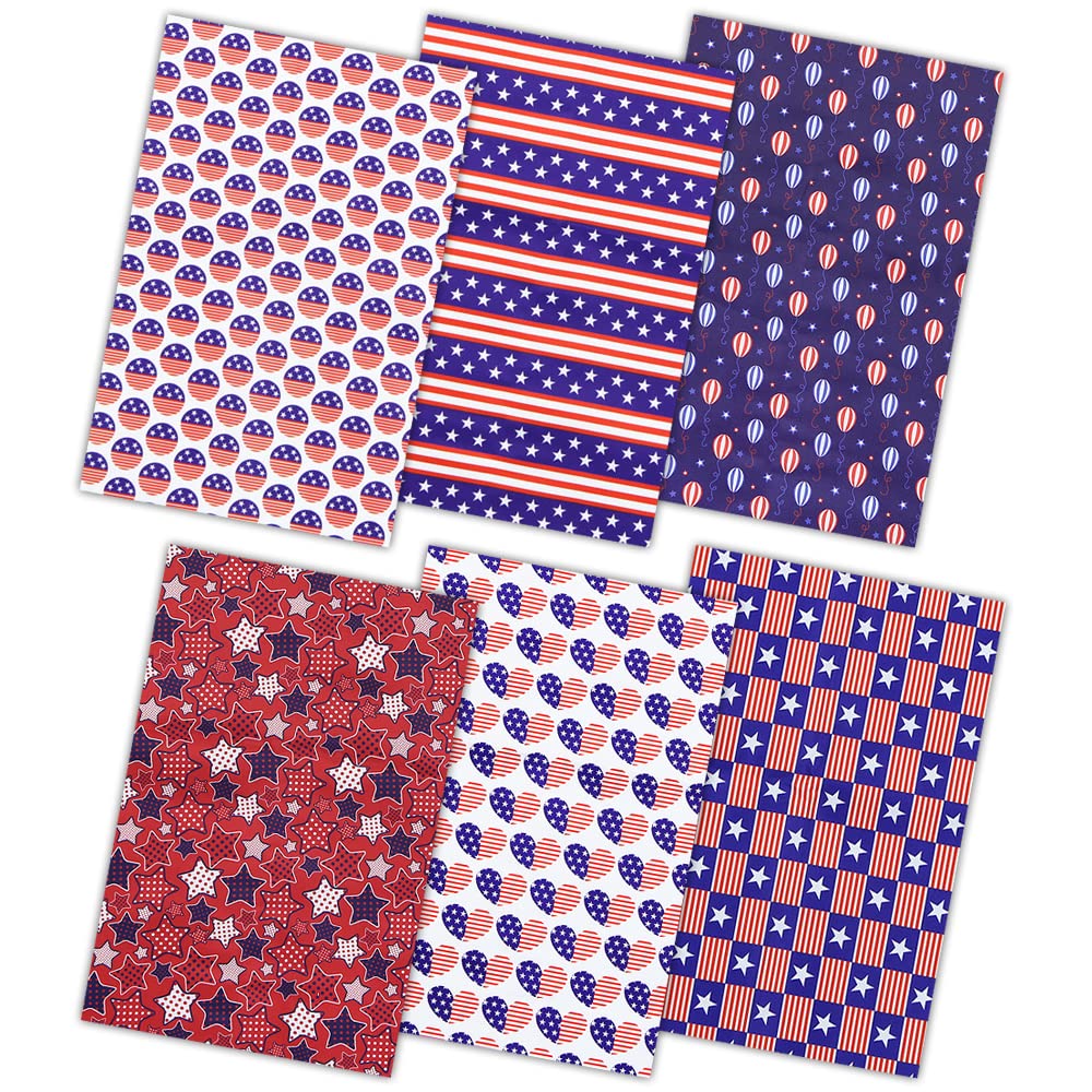 American Flag Cotton Fabric Squares 20x20Inch, 6PCS 4th of July Fabric Red Blue White Star Stripe Heart Balloon Circle Patchwork Sewing for DIY Crafts Supplies, Gift Wrap for American Independence Day