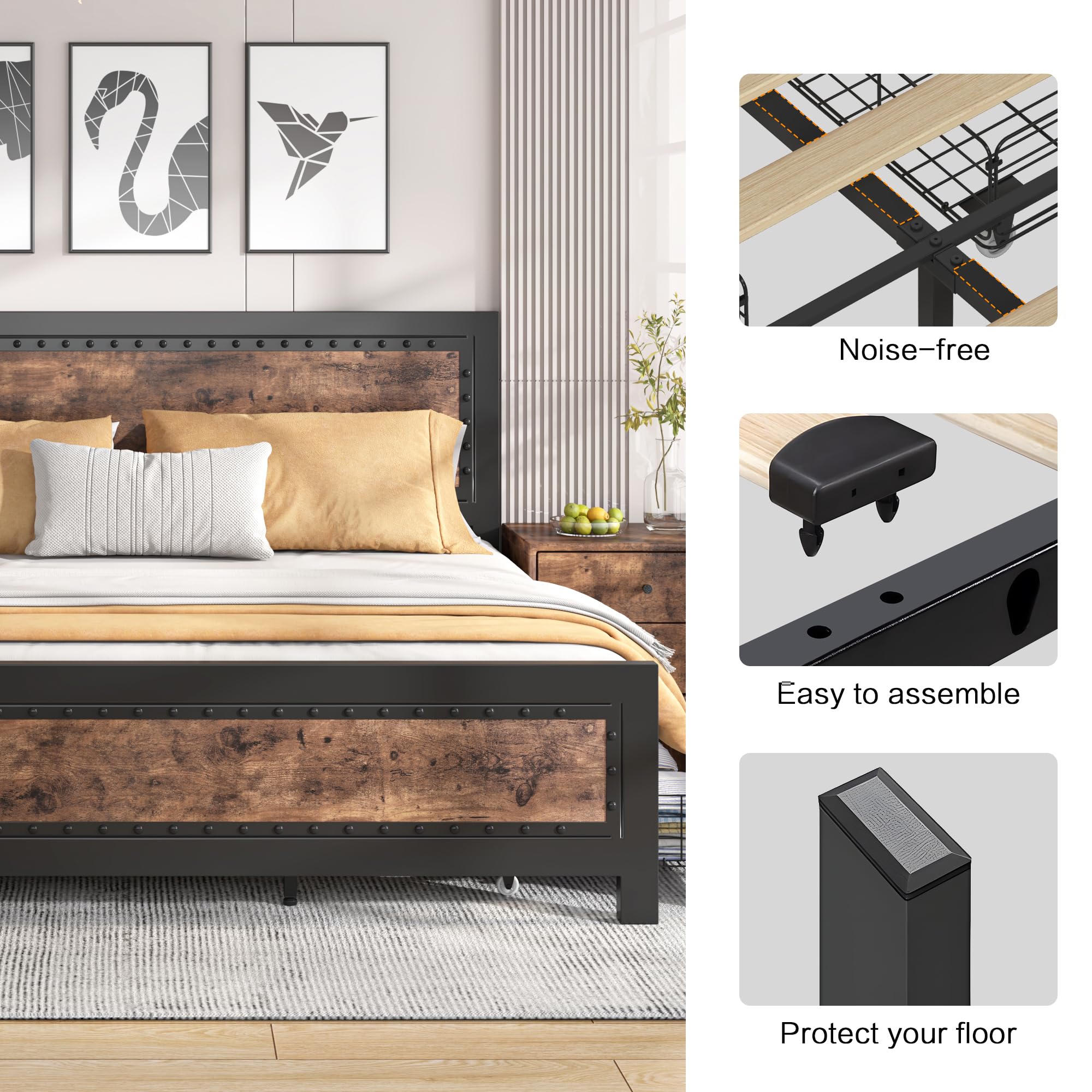 Keyluv Queen Bed Frame with 4 Storage Drawers, Rivet Modern Headboard and Footboard Platform Bed with Solid Wood Slats Support, No Box Spring Needed, Metal, Mattress Foundation Noise-Free