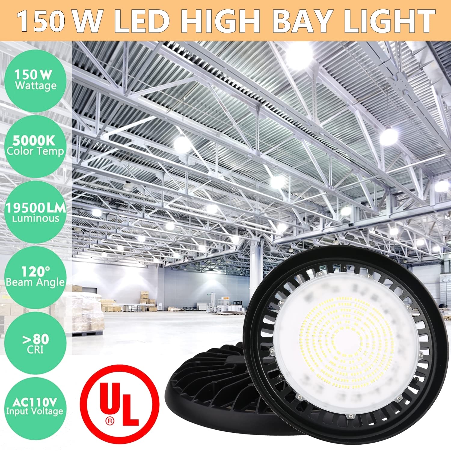 2Pack 150W LED High Bay Light Fixture for Warehouse, 120V 5000K Daylight, 19500LM (600W-800W HPS/MH Eqv.), UFO LED Highbay Lights with US Plug 6FT Cable, UL IP65 Commercial Bay Lighting,Non-Dim