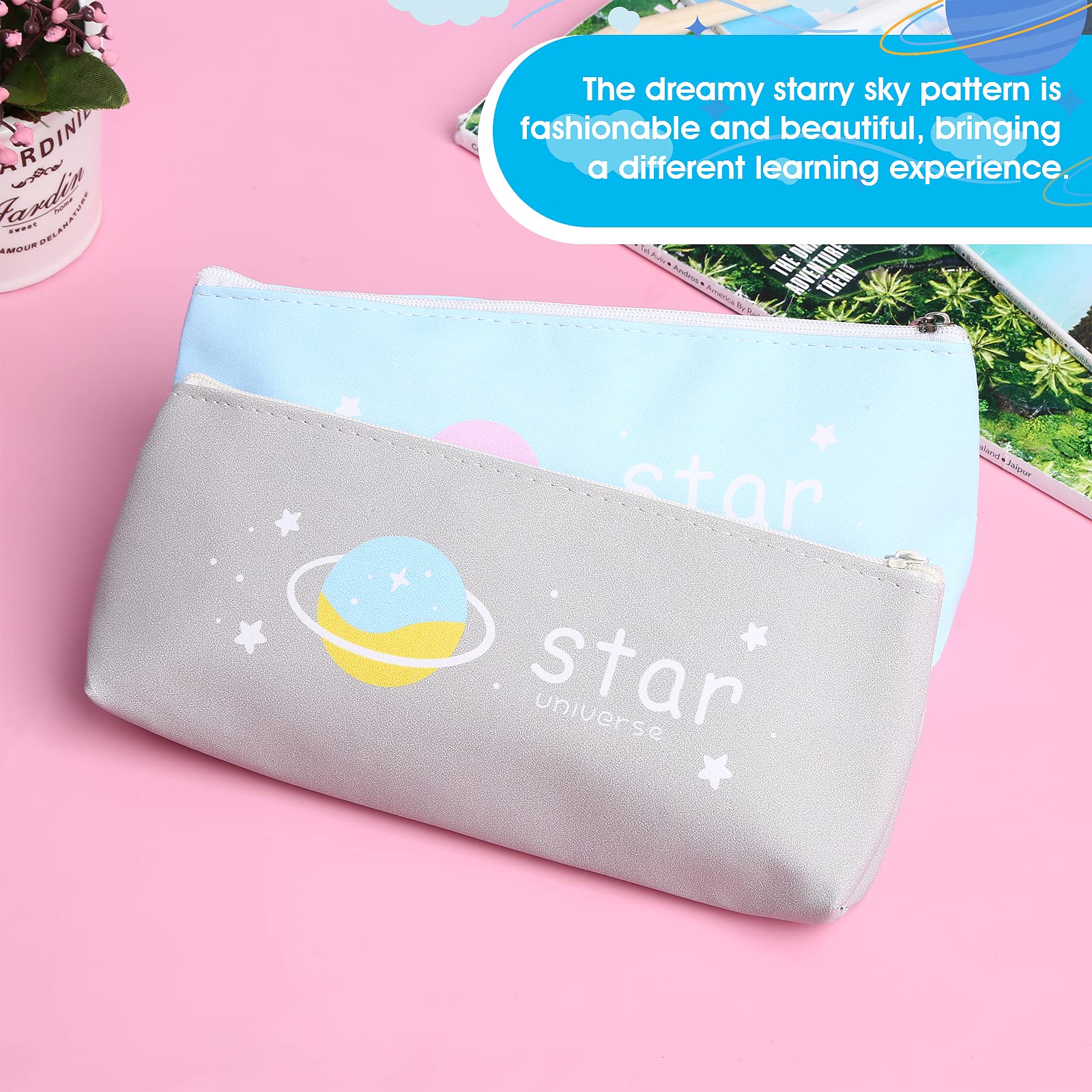 TIESOME 2Pcs Small Pencil Case, Cute Slim Design Leather Pencil Case Pouch Bag with Zipper Stationery Bag Portable Cosmetic Bag for Pen Pencils Markers(Gray+Blue)