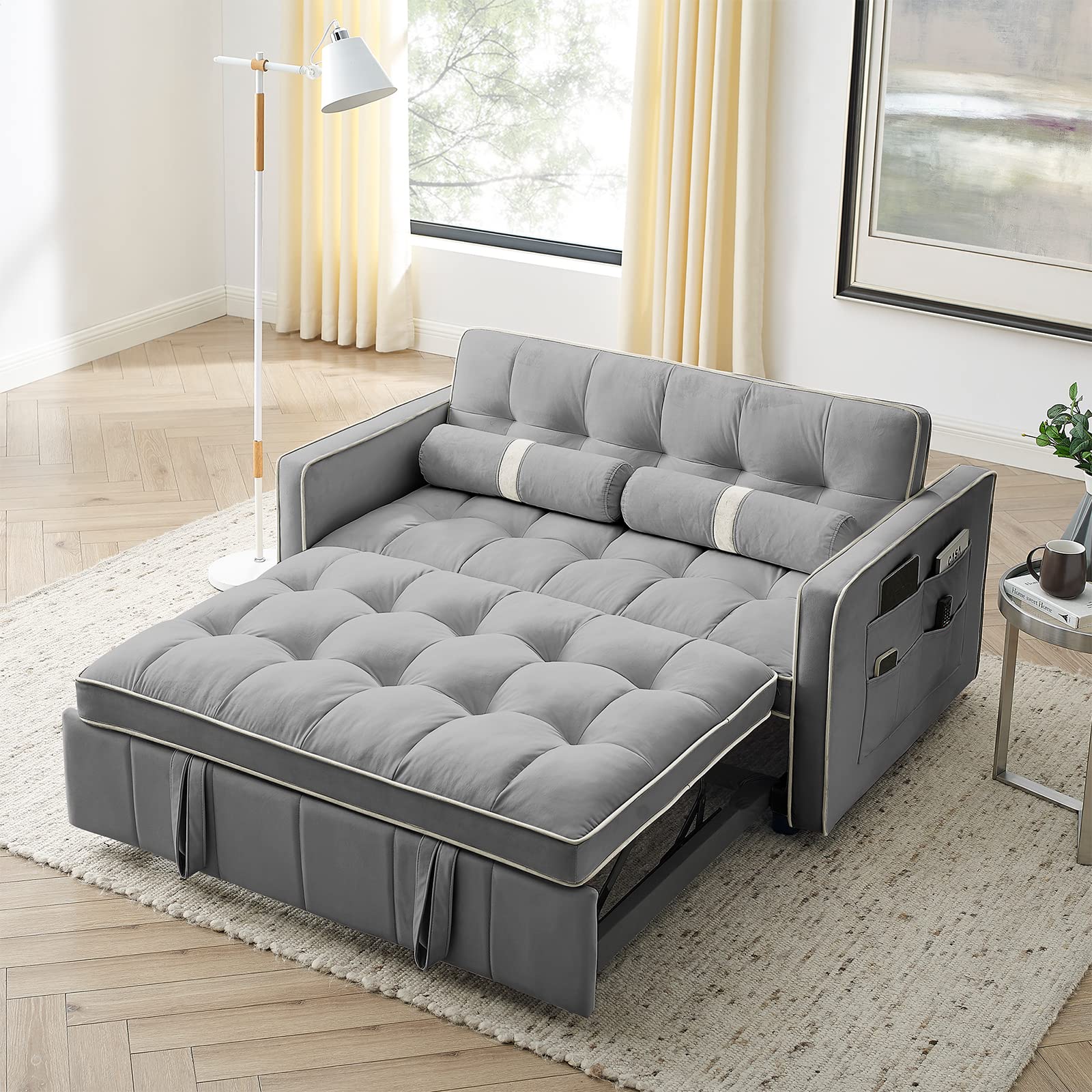 Convertible Sofa Bed,55"Sleeper Bed Modern Velvet Loveseat Futon Sofa Couch with Adjsutable Back and Arm Pockets,Small Spaces Pull Out Sleeper Sofa with 2 Lumbar Pillows for Living Room(Grey)