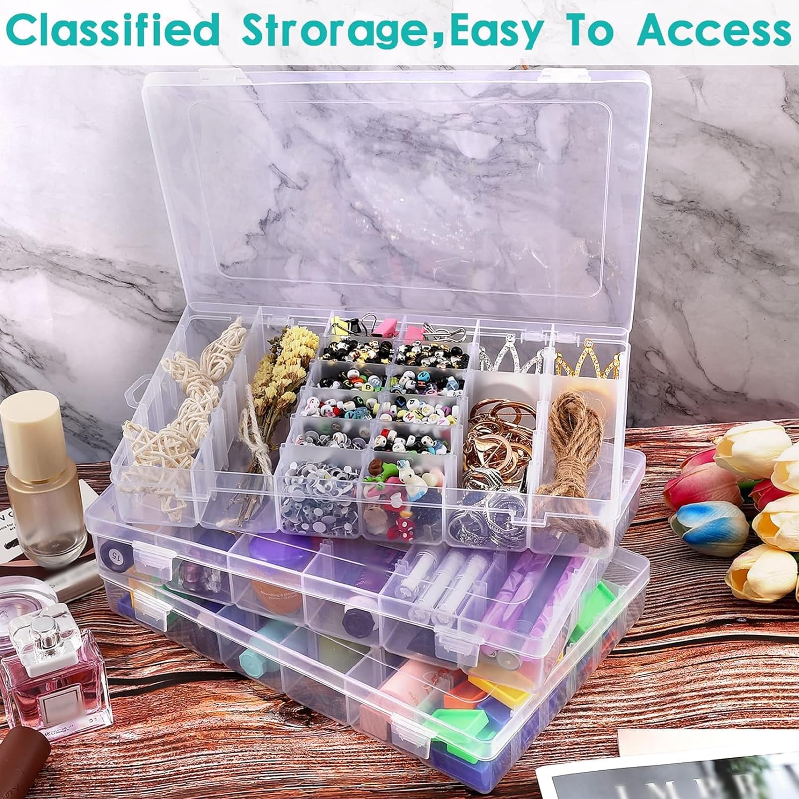 PLMMOUT 4 Pack Clear Plastic Organizer Box,36 Grids Clear Bead Organizer with Adjustable Divider for Bead Art DIY Craft Jewelry Fishing with 512 Label Stickers