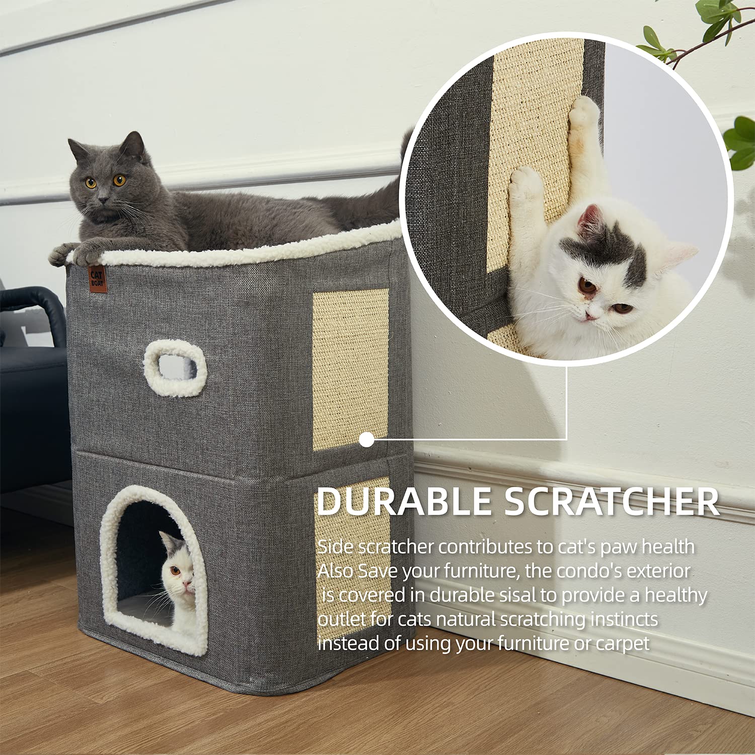 CATBOAT 2-Storey Cat House for Indoor Cats Bed, Covered Cat Beds & Furniture with Scratch Pad and Hideaway Cave, Cute Modern Cat Condo for Multi Small Pet Large Kitten Kitty, Grey