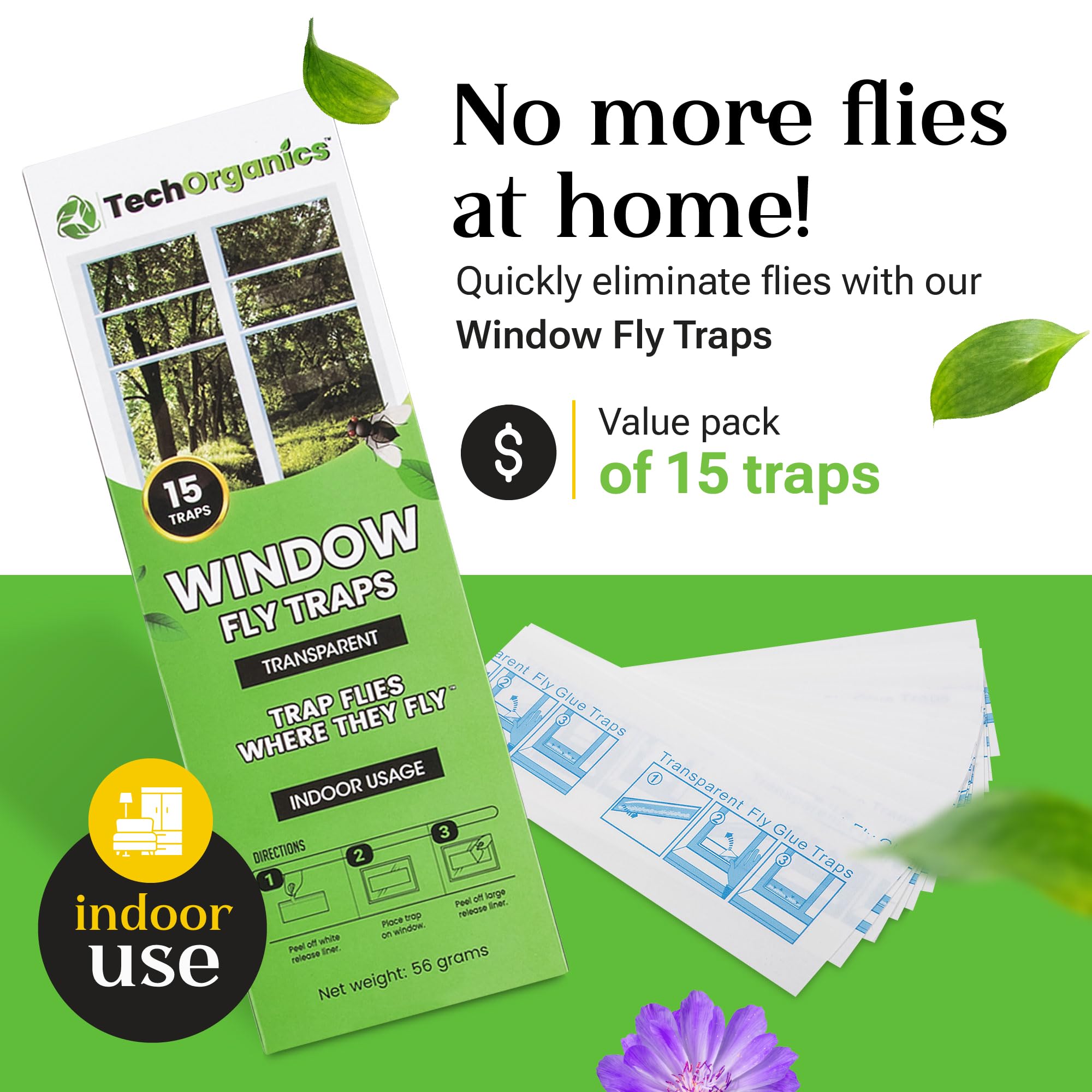 Fly Trap Indoor or Outdoor Usage | Window Fly Traps are Clear & Transparent | Also for Moths, Gnats, Fruit Flies, Spiders and Ants | Easy to Use - Easy to Dispose | Pack of 15