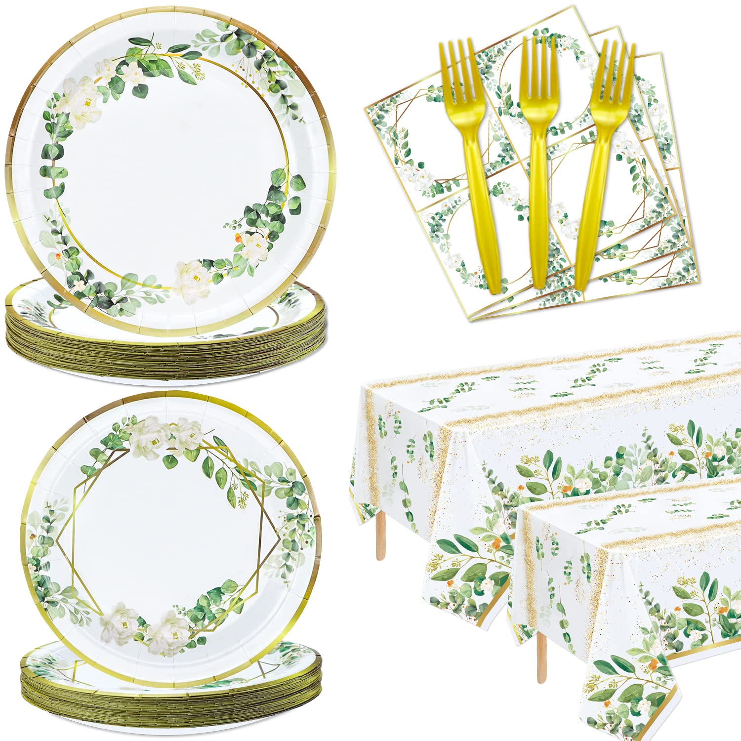 Hegbolke Sage Green Baby Shower Decorations Serve 40-162Pcs Plates Napkins Tablecloth Forks Set for Sage Green Plates and Napkins Party Supplies Eucalyptus Baby Shower Decorations