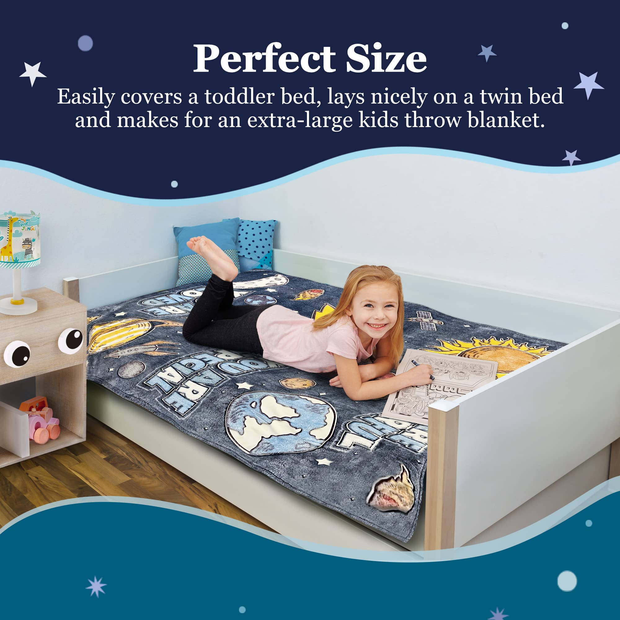 Glow in The Dark Blanket - Super-Sized 59"X71" Plush Space Blanket for Kids & Teens w/Mini UV Flashlight- Soft Thick Polyester Blankets w/Words of Affirmation - Fluffy Kids Blanket for Boys & Girls