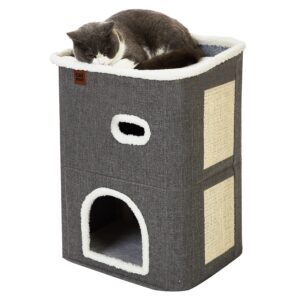 CATBOAT 2-Storey Cat House for Indoor Cats Bed, Covered Cat Beds & Furniture with Scratch Pad and Hideaway Cave, Cute Modern Cat Condo for Multi Small Pet Large Kitten Kitty, Grey