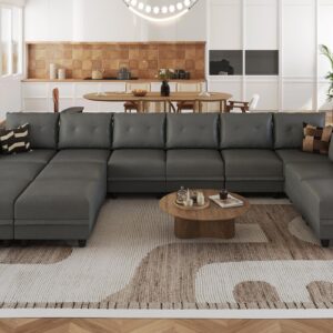 LLappuil Oversized Modular Sectional Sofa with Storage, U Shaped Sectional with Ottomans, 12 Seater Sleeper Couch for Living Room, Faux Leather Fabric Waterproof Sofa, 163 Inch Width, Dark Grey