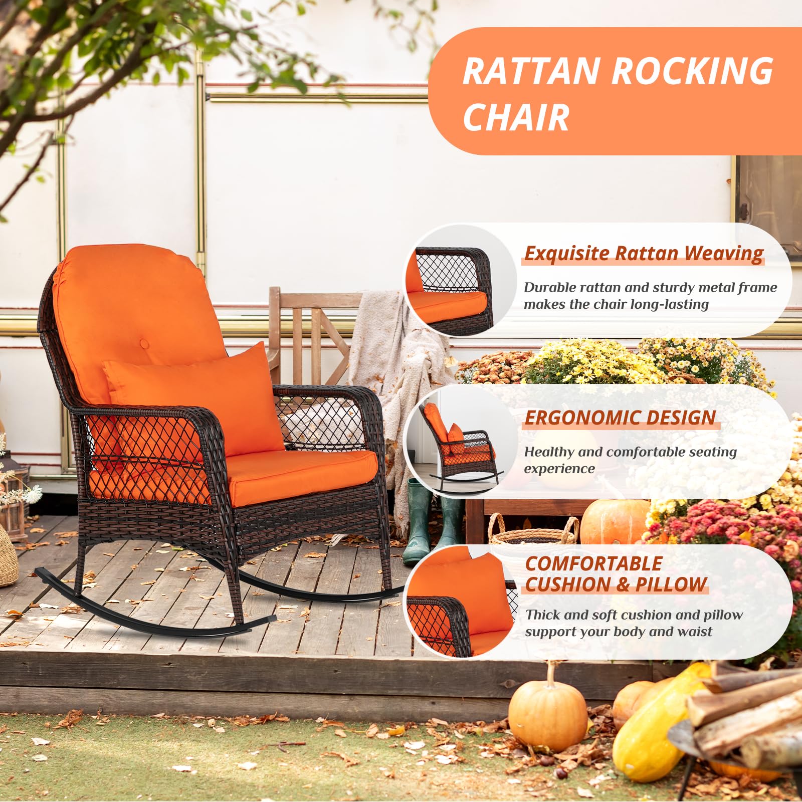 Outvita Rocking Chair, Outdoor PE Rattan Rocking Chair with Soft Orange Cushion and Pillow for Patio, Porch, Poolside, Living Room