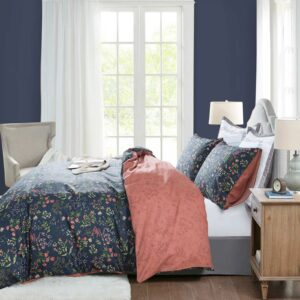 NEWLAKE Cotton Duvet Cover Queen Size - Soft Breathable Duvet Cover Set 3 Pieces with Zipper Closure, 1 Duvet Cover 90x90 Inches and 2 Pillow Shams, Navy Classic Floral Pattern