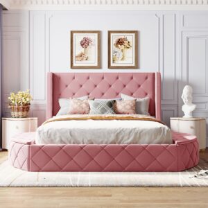 SOFTSEA Queen Size Velvet Platform Bed Frame with Storage, Upholstered Tufted Bed Frame with Wingback Headboard, 1 Big Drawer and 2 Side Storage Stool, Easy Assembly, Pink